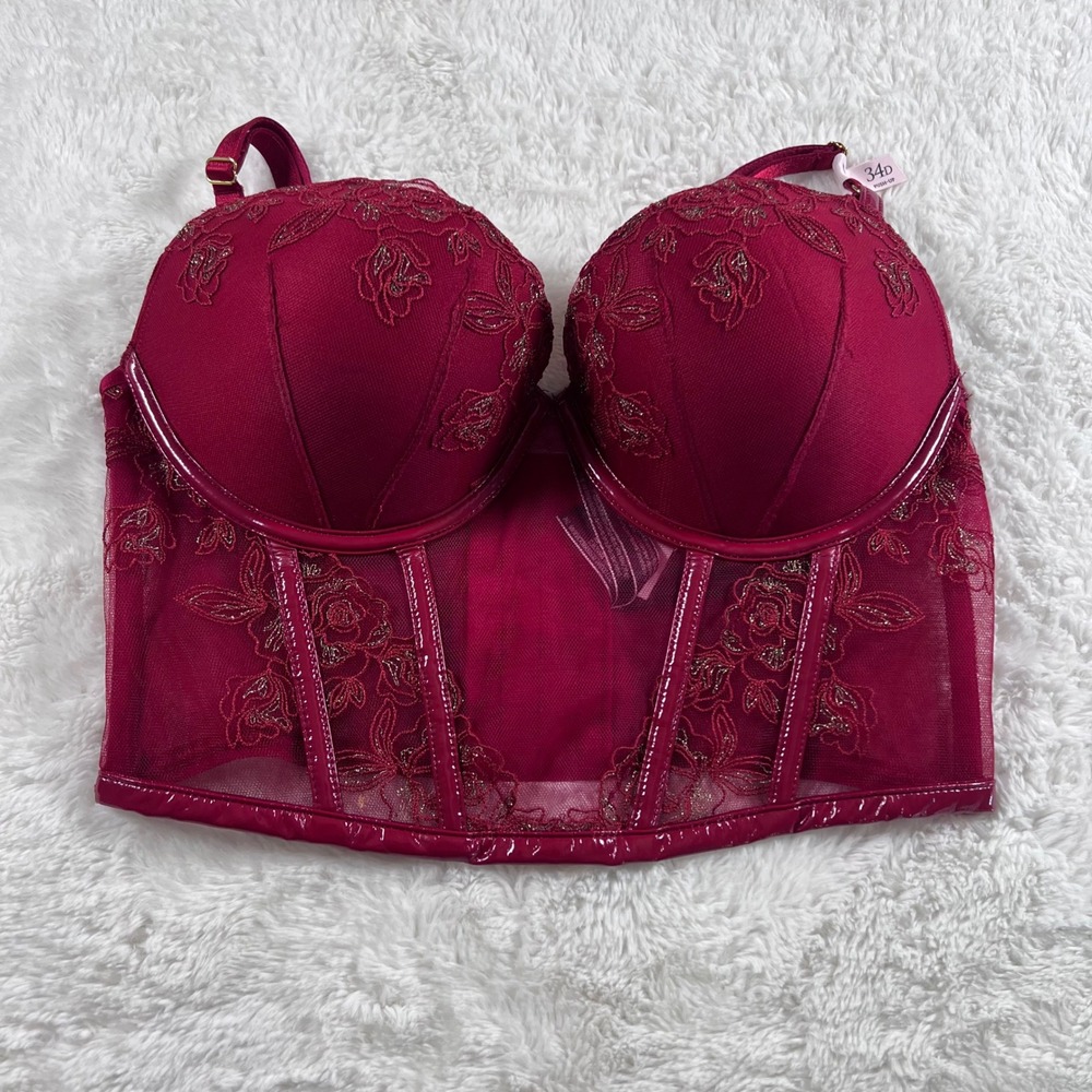 Victorias Secret Very Sexy Floral Embroidered Push Up Bustier Burgundy 34D NEW